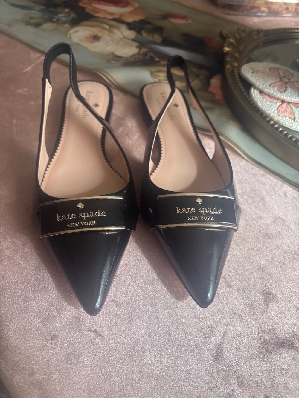 kate spade Black Patent Pointed Slingback Flats with Logo Plaque